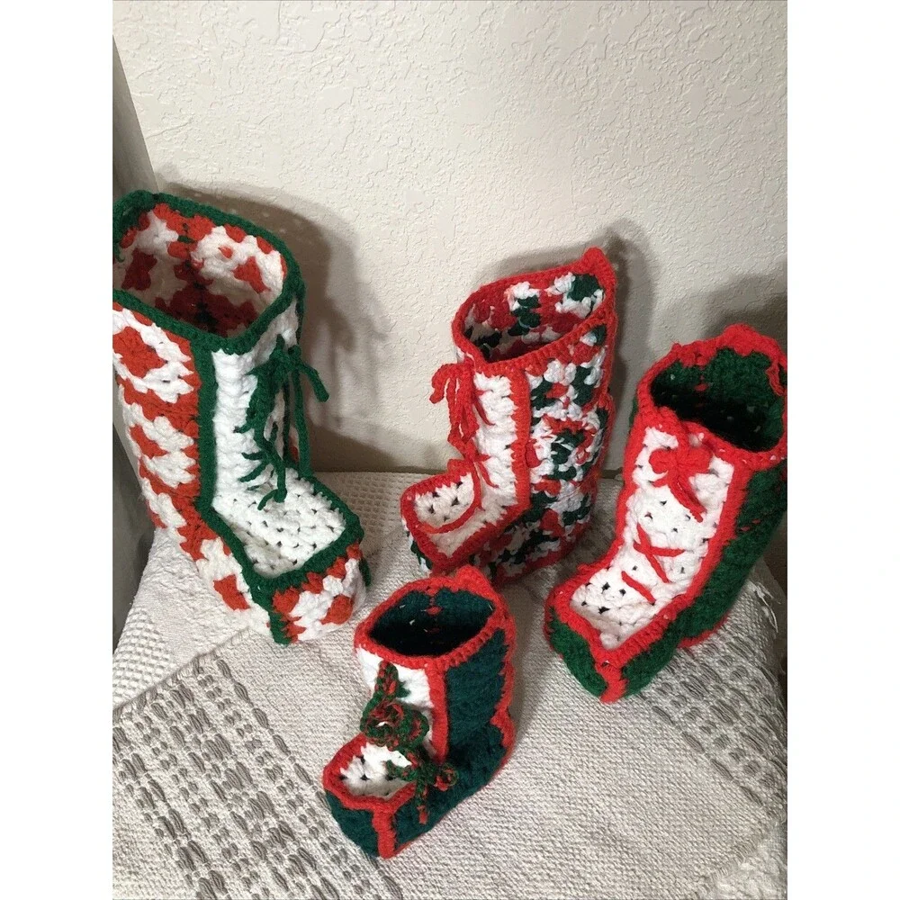 Christmas Stockings Vintage Handmade Grandma Square Crochet Red Green White 6